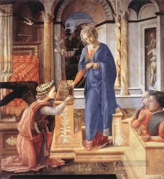 フラ・フィリッポ・リッピ Painting - ひざまずく二人の寄付者による受胎告知 ルネサンス フィリッポ・リッピ